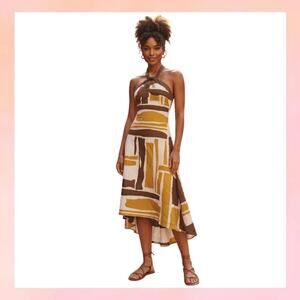 Merona Collection Abstract Print Halter Midi Dress Brown Mustard Size 6